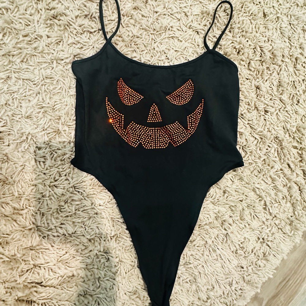 SHEIN Black Halloween 🎃 Bling One Piece High Cut Bodysuit NWT